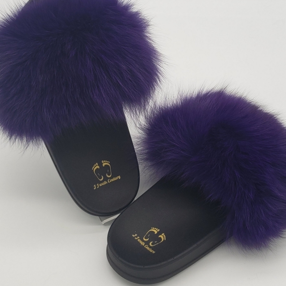 100% Fox Fur Slides Purple
